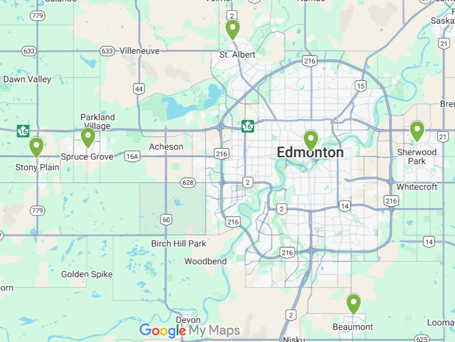 Mud Monsters Landscaping service area coverage map for Edmonton and nearby cities